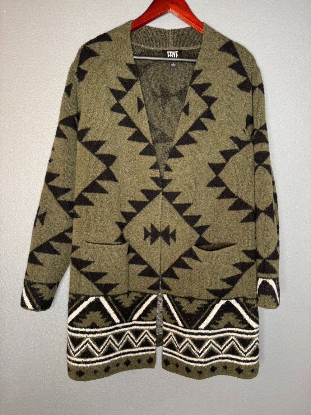 Frye The Cozy Cardigan L Southwestern Geometric Olive Green Longline Sweater